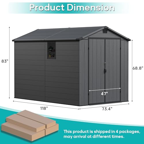 Image of Greesum 6x10FT Plastic Storage Shed with Floor, Resin Outdoor Storaged Sheds with Lockable Double Door, Window and Vents, All-Weather Tool Sheds for Garden, Patio, Backyard, Dark Gray