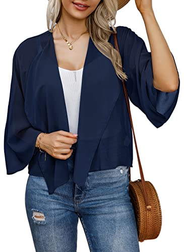 Women's 3/4 Sleeve Kimono Cropped Cardigan Summer Bolero Short Shrugs Jackets (Navyblue,2Xl) #TOP2