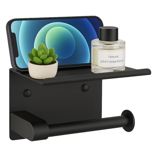 Twirobt Black Toilet Paper Holder with Shelf - Rustproof Stainless Steel Wall Mount or Self Adhesive Bathroom Tissue Roll Holder - Fits Mega Rolls, for Bathroom, Washroom, Kitchen & RV Decor