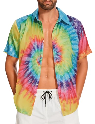 Demoking Vintage Shirts for Men Tie Dye Hippie Funny Hawaiian Shirt Button Down Shirts