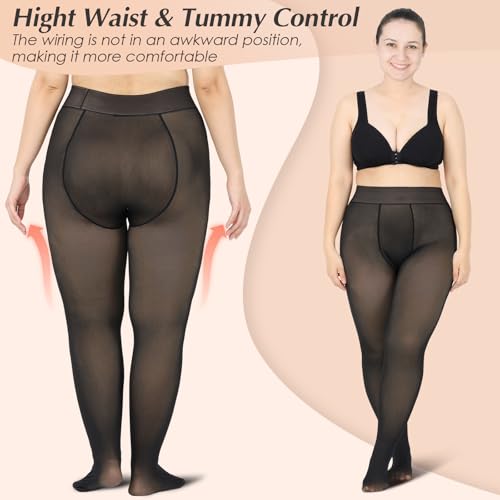Image of Black Plus Size Fleece Lined Tights for Women Fake Translucent Pantyhose Warm Winter Thick Sheer Thermal Leggings