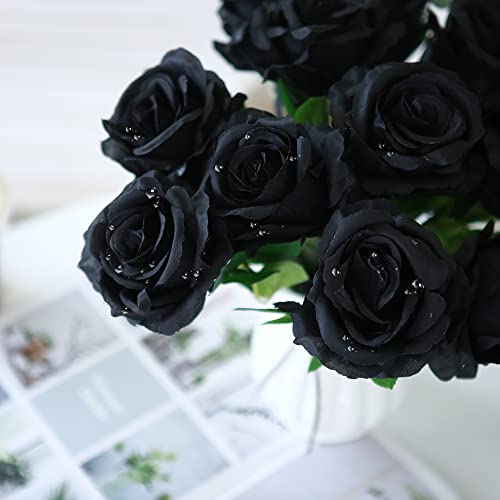 Felice Arts 12 Pack Black Roses Artificial Silk Flowers, Realistic Fake Roses Bouquet with Short Bendable Stems for Home Kitchen Vase Arrangements Wedding Centerpiece Halloween Party DIY Decor