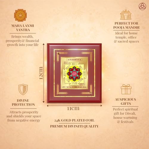 Image of DIVINITI Siddh Energised Maha Lakshmi Yantra | 24k Gold Plated Foil Prosperity Vastu Frame for Home, Office & Puja Room | Spiritual Yantra for Wealth, Fortune & Prosperity (12 X 11 CM)