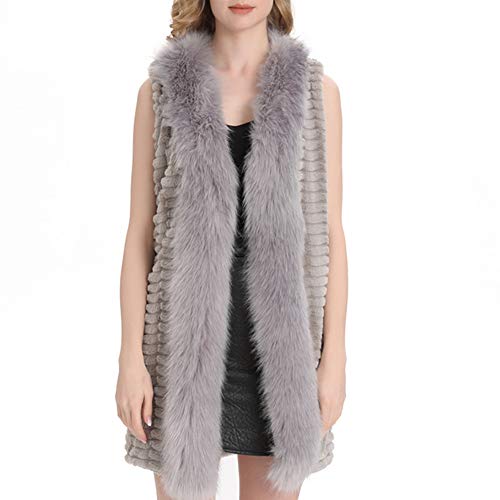 Dikoaina Luxury Womens Fox Faux Fur Vest Coat Sleeveless Long Fur Fluffy Cardigan Grey
