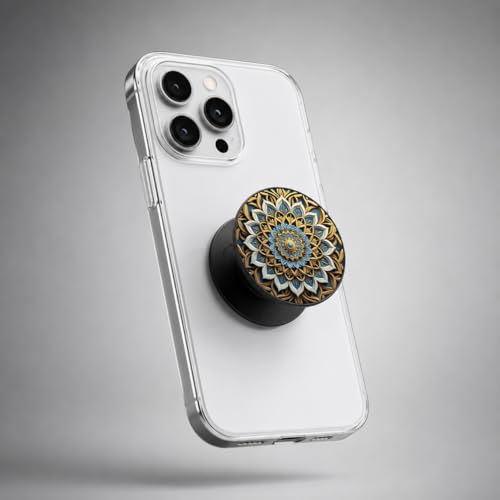 Image of Designer Phone Case Holder | Expanding Mobile Pop-up Grip for iPhone, Samsung, OnePlus & All Smartphones | Designer Phone Grip Mandala (Golden Blue)