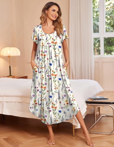 Image of Ekouaer Long Nightgowns for Women with Pockets Short Sleeves Moo Moos for Women Casual Maxi Dress House Dresses S-XXXL