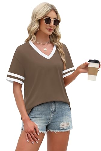 Image of WIHOLL Womens T Shirts Loose Fit Short Sleeve Tees V Neck Color Block Summer Tops 2026 Fashion S-4XL