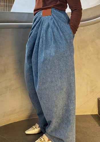 Womens Wide Leg Baggy Jeans Mid Waist Pleated Harem Denim Pants Plus Size Loose Barrel Casual Trousers4