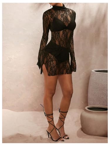 Image of BEAUDRM Women's Lace Mini Dress See Through Sheer Mesh Lingerie Dress Mock Neck Bodycon Dresses Party Outfits Clubwear