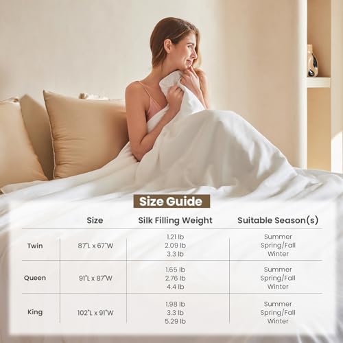Image of THXSILK Pure Mulberry Silk Comforter Cool for Summer, Breathable Lightweight Grade 7A Silk Filling Quilt, Pure Cotton Shell(White), Twin Size 67in x 87in /170cm x 220cm, Weight 1.21lb /0.55kg