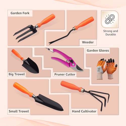 Image of Amazon Brand - Solimo 7-Piece Gardening Tool Kit | Cultivator, Fork, Trowels, Weeder, Garden Gloves, Pruner Cutter | Indoor & Outdoor Gardening Tool Kit