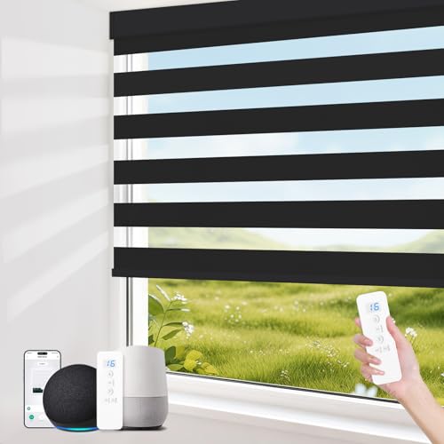 Image of Motorized Blinds with Remote Control 95% Blackout Electric Zebra Blinds for Windows Compatible with Alexa Google for Home Office Black, Custom Sizes