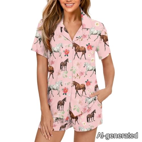 Image of Renewold Women's Short Sleeve Pajama Set Button Down Sleepwear with Notch Collar Soft Lounge Top and Shorts with Pockets