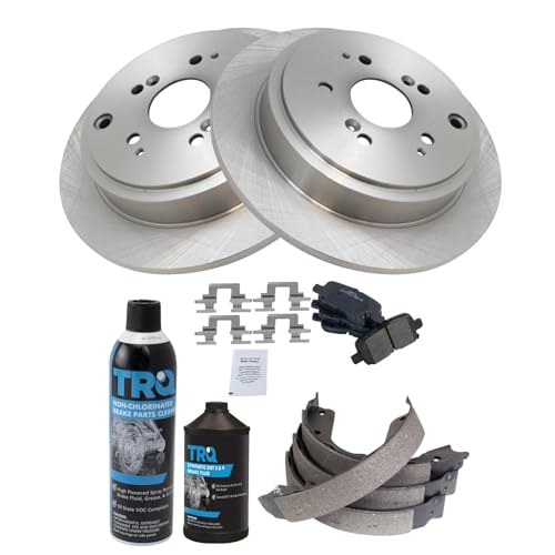 Image of TRQ Rear Brake Pad & Rotor Kit, with Chemical Kit Parking Brake Shoe Set Semi-Metallic Compatible with 2001-2006 Acura MDX