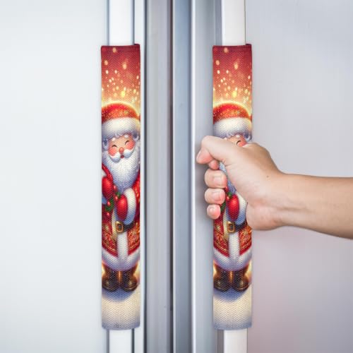 Image of Christmas Refrigerator Door Handle Covers Set of 2 Fridge Door Handle Decor | Xmas Santa Claus Washable Dishwasher Mocrowave Oven Protector Handle Cover Keep Your Kitchen Appliance Clean