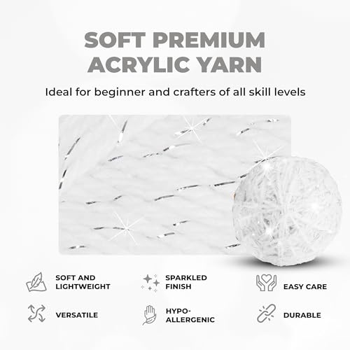 Image of Mary Maxim Starlette Sparkle Yarn, Medium Worsted Weight White Yarn for Knitting and Crocheting, Acrylic Polyester Blend for Blankets, Clothing, and Decor, 196 Yards - White Silver
