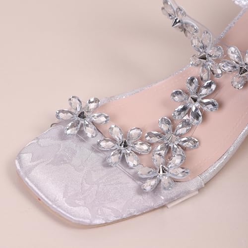 Lymphvity Women Rhinestone Flower Clear Block Heel Sandals,Fashion Elastic Ankle Strap Chunky High Heel Open Toe Sexy Elegant Dress Shoes Square Toe Heels Party Wedding Sandals3