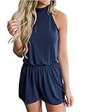 MEROKEETY Women's Summer Halter Neck Shorts Elastic Waist Solid Color Jumpsuit Rompers
