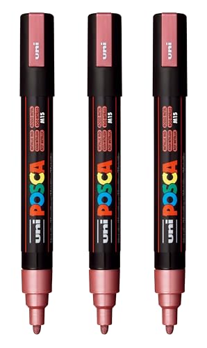 Image of posca PC-5M Water-Based Paint Markers, Reversible Medium Tip (1.8-2.5mm), Metallic Red, 3 Count