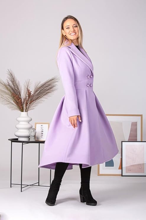 Image of Women's A-Line Long Blazer Dress | Cotton Blend Formal Office Wear Jacket Dress | Double Button Lapel Collar Long Coat | Casual, Business, Party & Winter Wear | Black & Purple