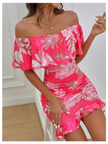 Floerns Women's Off Shoulder Ruffle Trim Short Sleeve Tropical Print Bodycon Dress3