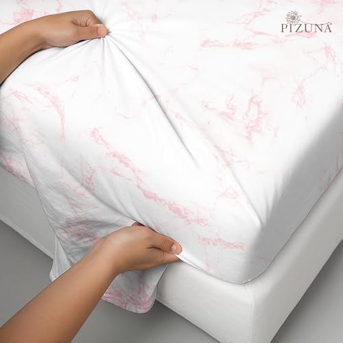 Image of Pizuna 100% Cotton Bedsheet Super King Size with 2 Pillow Covers, 400 Thread Count Long Staple Cotton, Carrara Marble Pattern Flat Bed Sheet 108X108 Inch for Superking Bed, Light Pink Printed Bedsheet