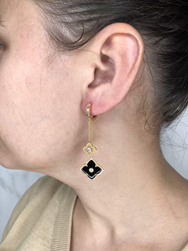 Black Onyx Flower Dangle Drop Earrings for Women in 925 Sterling Silver with Yellow Gold Plating Hinge Post by Lavari Jewelers4