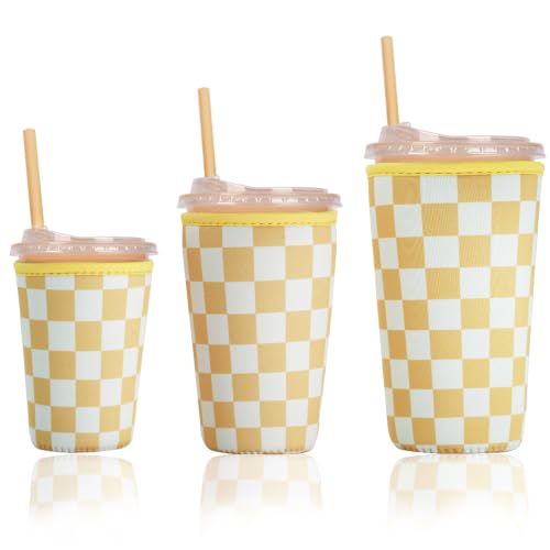 Image of Reusable Insulated Neoprene Iced Coffee Cup Sleeve, Durable Drink Sleeve for Cold Beverages, Beverage Holder for Iced Coffee (Yellow Checkers)