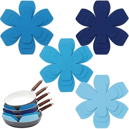 12 PCS Pot and Pan Protectors, 4 Colors(Blue Tones) & 3 Sizes Thicker Felt Pan Protector Pads, Pot Separators for Stacking, Anti-Slip Dividers to Protect Glass Ceramic Plates Cookware from Scratching