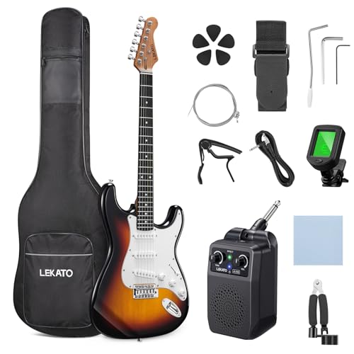 LEKATO 39" Electric Guitar Kit, Full Size Beginner Guitar Pack with SSS Pickups, Roasted Maple Neck, 5W Guitar Amp, Bag, Tuner, Capo, Strap, Picks, String, Cable, Brown