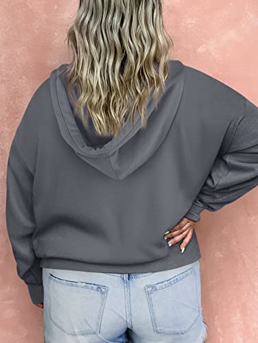 Eytino Womens Plus Size Hooded Tops Button Collar Long Sleeve Drawstring Hoodies Pullover Sweatshirts With Pocket,2X Gray #TOP2