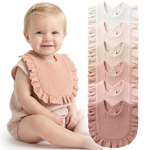 Image of Konssy 6-Pack Muslin Baby Girl Bibs, 100% Soft Cotton Absorbent Drool Bibs