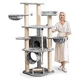 HAPPYPET Großer Kratzbaum Parker 171 cm hoch - Kletterbaum Katzenbaum für Katzen, Stabile Dicke Sisal-Säulen 11 cm, Haus Spieltunnel, große Liegemulden (Belastbar 15 kg), Spieltau & Kratzrolle, Grau