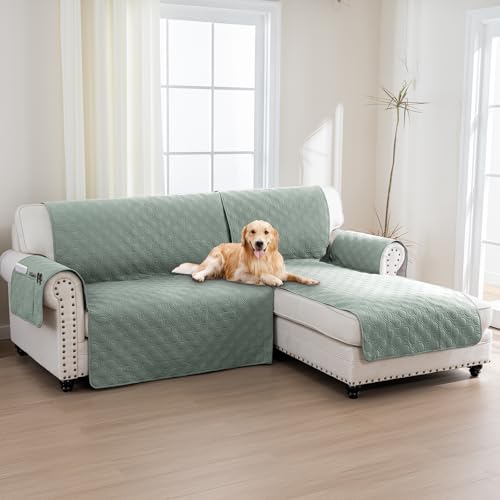 BellaHills Housse de Canapé d'angle,2 Places Protege Canape 100% Impermeable,Housse Meridienne Côté Droit,avec Poches Latérales,Forme de L 205cm,Vert Clair