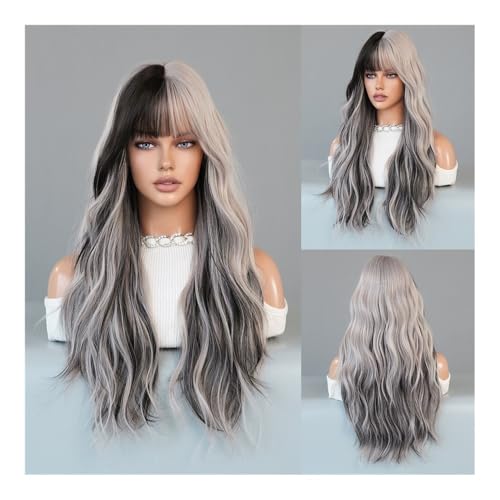 Perruques cheveux humains longs bouclés grande vague argent rose - 3