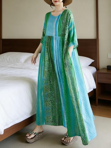 Image of Women Summer Dress with Pockets Plus Size Boho Floral Print Round Neck Loose Casual Flowy Dress