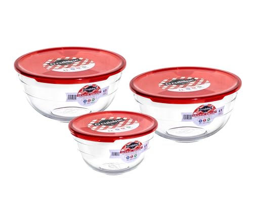 Ocuisine Ôcuisine® Glass Round Mixing Bowl Set with Red Lids | Extreme Resistance | Oven Safe - Freezer Safe - Microwave Safe | Borosilicate Glass | Made in France Prep & Store (Set of 3-1L & 2 x 2L)