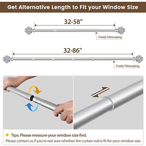 Usfook Curtain Rods 32 To 58 Inches (2.6-4.8Ft), Telescoping Splicing Drapery Rods For Windows 20 To 53 Inch, Decorative Translucent Finials, Light Silver #TOP7