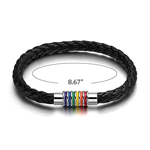Nanafast Titanium Stainless Steel Rainbow Lgbt Pride Bracelet Pu Leather Weave Plaited Lgbtq Bracelets Jewelry 8.67 Inches #TOP3