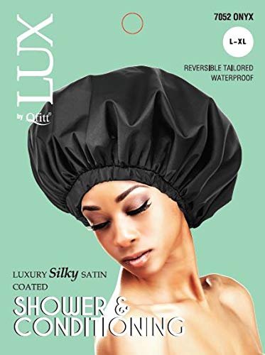 LUX by Qfitt Luxury Silky Satin Coated Shower and Conditioning Assorted Colors Hair Cap 7052 Size L-XL (Onyx)