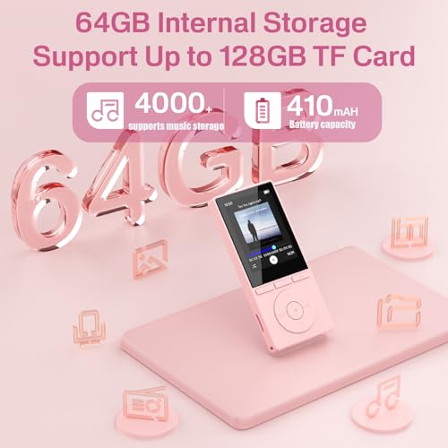 Image of 64GB MP3 Player with Bluetooth 5.3, Music Player with HiFi Sound for Sports Runners, 2.4 inch Screen MP3 Player Built in HD Speaker Voice Recorder E-Book, Expanded Up to 128GB, Earphone Included, Pink