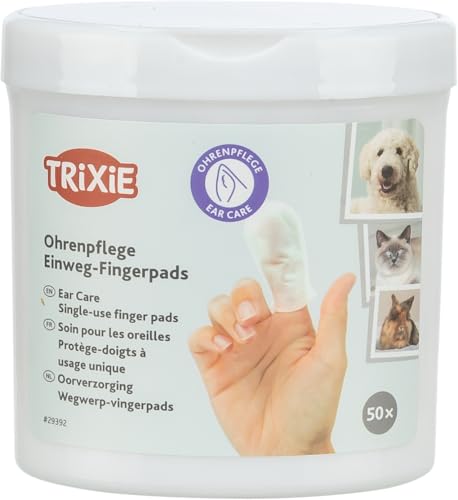 TRIXIE Orecchie cura fingerpads monouso - tamponi detergenti per cani, gatti e piccoli animali - con aloe vera e amamelide - cura delicata delle orecchie - 50 pezzi