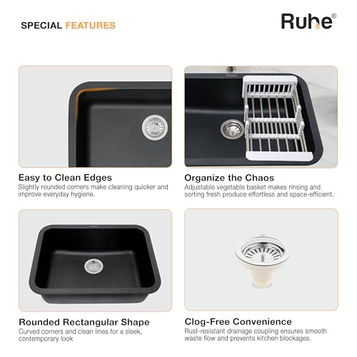 Image of Ruhe Matte Black Quartz Single Bowl Kitchen Sink with Round Corners - 24x18x9 inches | Noise-Reducing & Durable Kitchen Sink | Granite Sink with Coupling, Waste Pipe & Vegetable Washing Basket