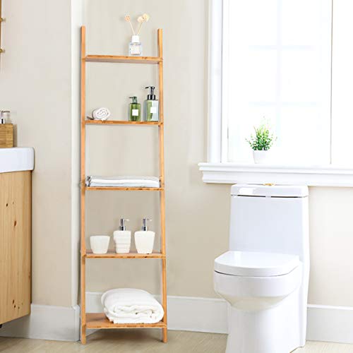 Tangkula Bamboo 5-Tier Ladder Shelf Bookshelf, Wall-Leaning Bookshelf, Plant Flower Stand, Storage Display Shelves for Living Room Bathroom Office, Multifunctional Ladder Bookcase (Natural)