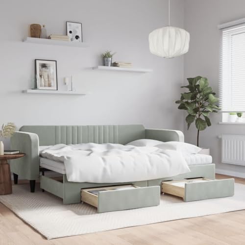 Yunovire Cama de día extensible con cajones, gris claro, 80 x 200 cm, funda de terciopelo, sofá cama con colchones de espuma, mueble moderno para habitaciones de invitados