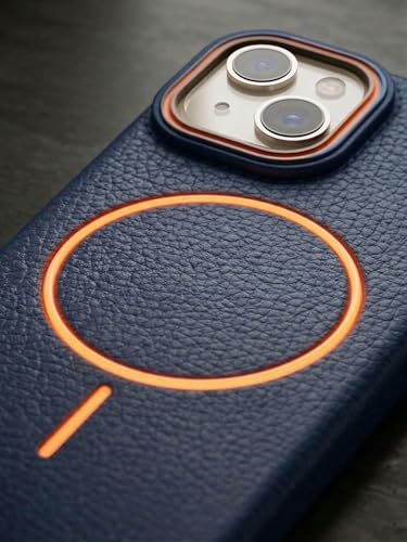 Image of amazon basics Luxury MagSafe Compatible Leather Texture Back Cover for iPhone 13 | Raised Camera Protection | Slim Fit Shockproof Case with Metallic Accents (Dark Blue)