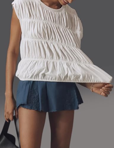 Womens Tiered Shirred Smocked Crop Tank Top Cap Sleeve Crew Neck Elastic Hem Y2K Going Out Blouse Shirt3