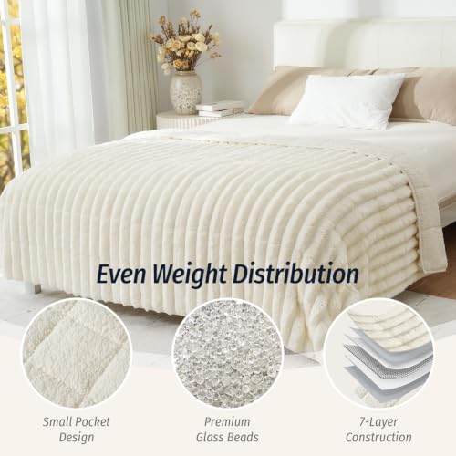 Image of Fleece Weighted Blanket for Adults (60 inch x 80 inch 20lbs, Cream White), Dual Sided Cozy Soft Sherpa Heavy Blanket with 3D Striped Flannel Blankets for Couch and Bed | Soft Queen Size Sherpa Weighted Blankets with Glass Bead Filling, Plush 3D Striped Heavy Throw Blanket for Bed and Couch