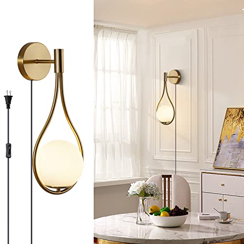 Image of KCO Lighting Plug in Mid Century Modern Brass Gold Teardrop Wall Sconce | E26 Bulb Included, Cord with ON /OFF Switch, 5.9 inch White Milk Glass Wall Light for Bathroom Bedroom Kitchen Hallway Living Room