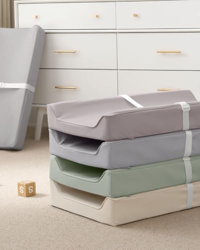 Image of Blissful Diary Vegan Leather Baby Changing Pad with Waterproof & Wipe-Clean PU Cover, Standard Size Cozy Diaper Changing Pad for Dresser and Table, Light Gray